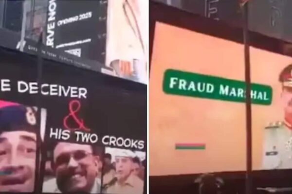 ‘Fraud Marshall and his crooks’ Billboard of Pakistani General Aseem Munir and PM Shahbaz Sharif on Times Square in New York – Fraud Marshal and His Crooks Billboards of Pakistani General Asim Munir and PM Shahbaz sharif in new york sa times